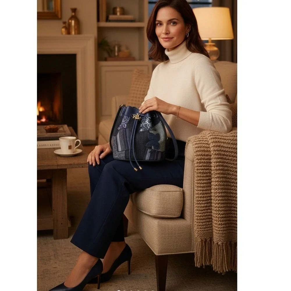 Lauren Ralph Lauren Denim Patchwork Andie Butterfly Bucket Bag Blue Gold NW $295